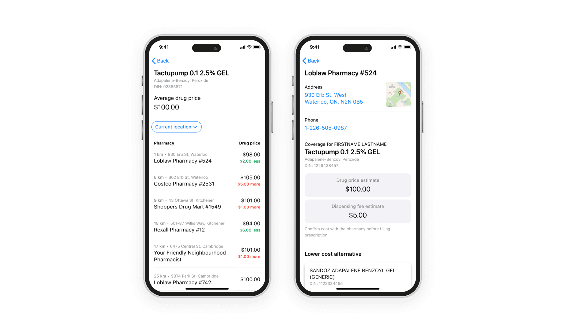Pharmacy list and pharmacy details.