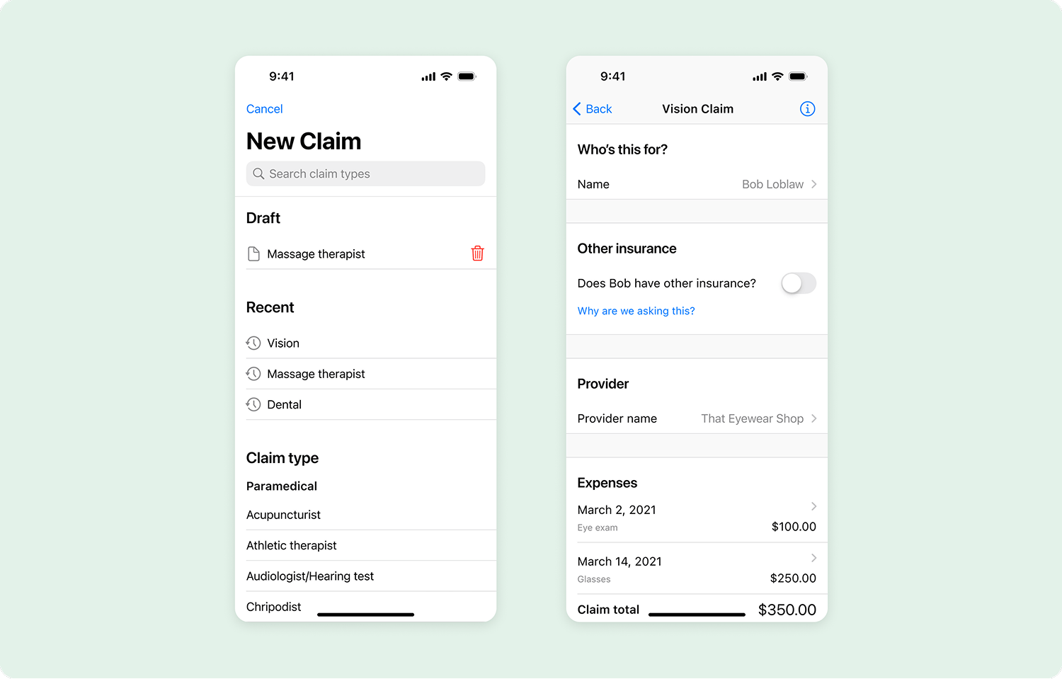 The claim form UI